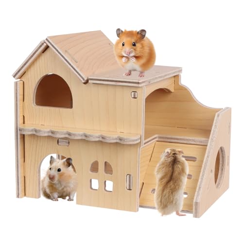 Lollanda Meerschweinchenhaus aus Holz, Meerschweinchenversteck Villa Form, Baby Kaninchen Versteck Kleines Haustierhaus für Ratte Hamster Igel Verstecken Spielen 4 Eingänge mit Rampe (Villa Form) von Lollanda