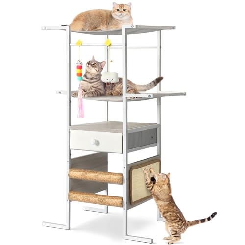 Katzenbaum Turm mit Spielzeug, Katzenbaum für Indoor Katzen, Mehrstöckiger Moderner Katzenbaum mit Sisal Kratzbaum, Katzenkratzer, Hängematte, Top Perch Katzenbett für Kätzchen, Weiß Katzenbaum mit von Lomivra