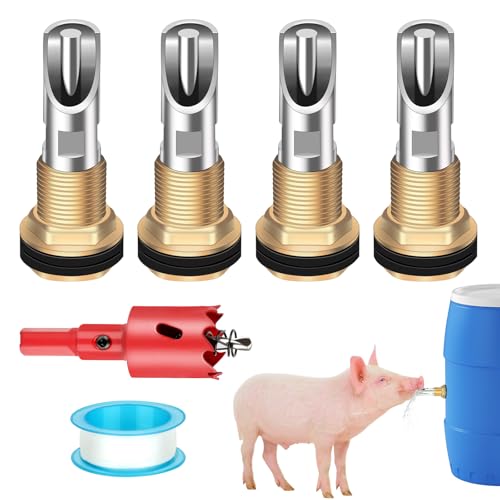 Lonepetu 4 Stück Schweine-Bewässerungsnippel für Fass-Set, Edelstahl-Schweine-Bewässerungsnippel, automatische Schweine-Nippel, Wassertränker, Bewässerungssystem mit Messing-Wassertank-Anschluss-Set von Lonepetu