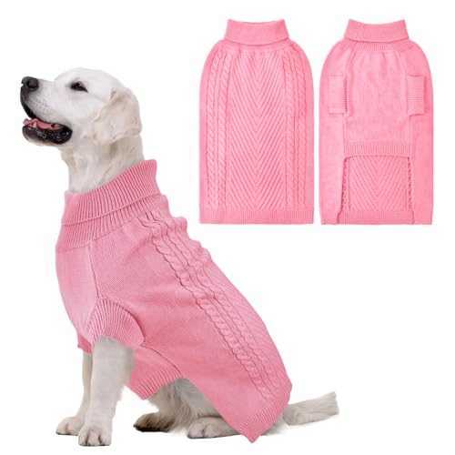 Lonepetu Großer Hundepullover, Rollkragenpullover, Thermo-Strickpullover für Herbst und Winter, warmer Langarm-Hundepullover für große Hunde (Rosa, Größe L) von Lonepetu