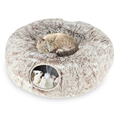 Lonepetu Plüsch-Katzentunnelbett für Indoor-Katzen, zusammenklappbarer Katzen-Donut-Tunnel mit zentraler Matte, flauschige Katzenhöhle mit hängendem Ball für Katze, Kätzchen, Kaninchen, Welpen, von Lonepetu