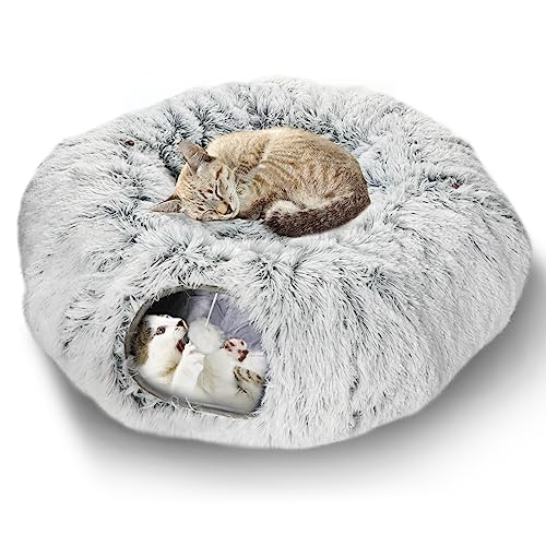 Lonepetu Plüsch-Katzentunnelbett für Indoor-Katzen, zusammenklappbarer Katzen-Donut-Tunnel mit zentraler Matte, flauschige Katzenhöhle mit hängendem Ball für Katze, Kätzchen, Welpen, Frettchen von Lonepetu
