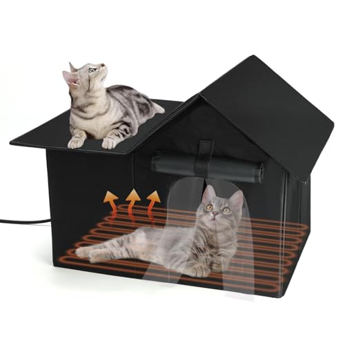 Lonepetu Wetterfestes Katzenhaus für den Winter, beheiztes Katzenhaus für den Außenbereich mit Haustierheizkissen, großes warmes Wildkatzenhaus für mehrere Katzen, 19,5 × 13,5 × 15,5 von Lonepetu