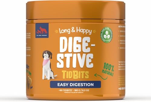 Long & Happy Digestive - Hundeleckerli Getreidefrei Unterstützung der Verdauung - mit Probiotika, Kolostrum und Lachsöl - Ergänzungsfuttermittel für Hunde jeden Alters - Lebergeschmack, 180g, 60 Stück von Long & Happy