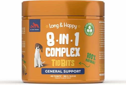 Long & Happy - Hunde Vitamin Komplex 8 in 1 - Hundeleckerli Getreidefrei mit Glucosamin, Kollagen, Probiotika, Lachsöl, Vitamin E - Für Gelenke, Knochen und Verdauungssystem - 180g - 60 Stück von Long & Happy