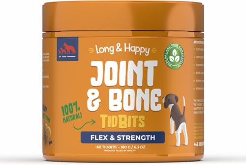 Long & Happy Joint and Bone - Hundeleckerli Gelenke und Knochen Unterstützung - Für Hunde jeden Alters - Enthält Glucosamin und MSM, Rinderkollagen, Vitamin C - Lebergeschmack - 180g - 60 Stück von Long & Happy