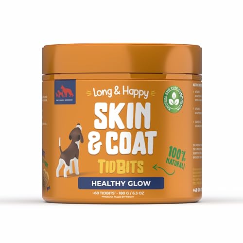 Long & Happy Skin & Coat - Hundeleckerli Getreidefrei gegen Fellausfall - Ergänzungsfuttermittel für Hunde zur Unterstützung des gesunden Fells und der Haut - mit Lachsöl, Vitamin A & E - 180g von Long & Happy