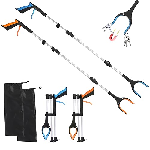 Longzhuo Faltbare Greifer,109 cm Greifzange für Senioren,Langer Greifzange mit Magnet-Greifarm, 360° Drehbar Müllzange Greifzange,Greifhilfe für Menschen mit Behinderung Blau+Orange(2) von Longzhuo