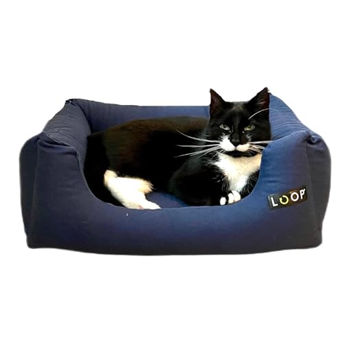 Loop Cats blaues Katzenbett, rechteckiges Katzenkissen, Katzenkorb mit wasserfestem Boden und Antirutsch-Noppennachhaltig aus Upcycling-Kreislauf 'Lieblingsplatz Cats' von Loop