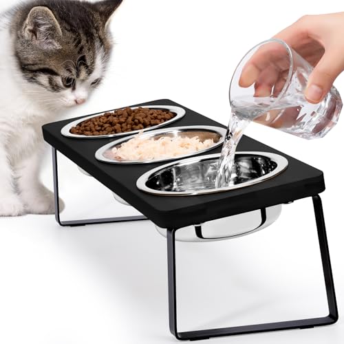 【Erhöhte Katzennäpfe für Futter und Wasser】15° geneigter erhöhter Katzennapf-Set Schnurrhaare Freundlich 3 schwarze Edelstahl Anti-Erbrechen Katzenschalen mit Ständer für Indoor Kitty Kätzchen und von Loplurea