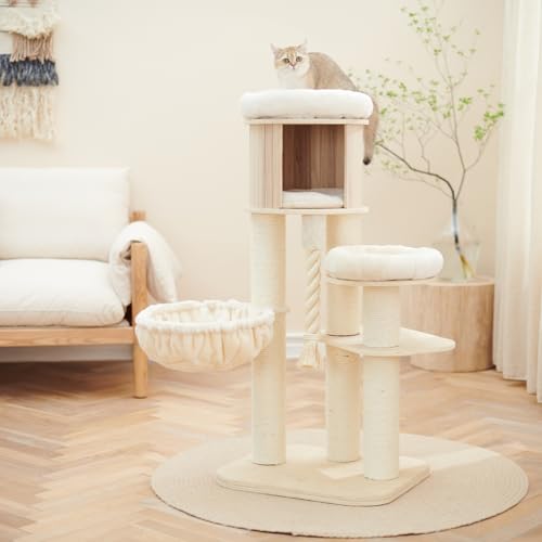 The Helsinki Loft Kratzbaum mehrere Plattformen Hängematte Geschlossener Aussichtspunkt Hängeseil 3 große Kratzbäume Neutral Beige von Lords & Labradors