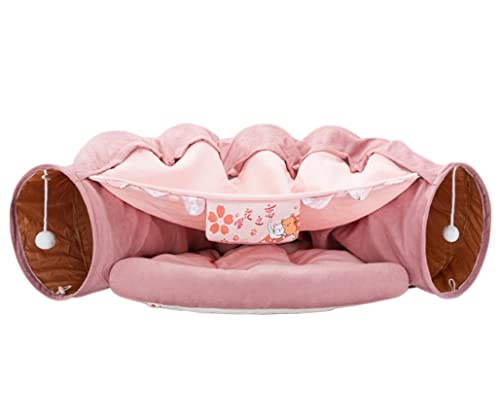 2-in-1 Katzentunnel, Bett mit Kissen und Plüschball, Spielzeug, Spielplatz, zusammenklappbar, für große Katzen, Kätzchen, weiches Haustier-Spielbett für drinnen und draußen, rosa Katzentunnelbett von Loticy