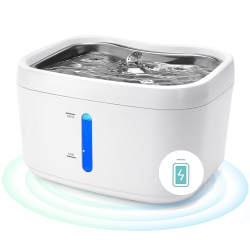 Katzen-Wasserbrunnen Batteriebetrieben, 2,5 l / 2,381.4 g Edelstahl Katzenwasserbrunnen zum Trinken, kabelloser Haustierwasserspender mit LED, für Katzen, Haustiere und andere Haustiere von Lottsall