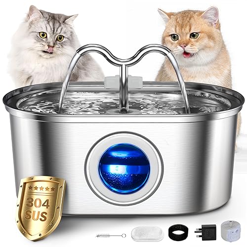 Katzen Wasserbrunnen zum Trinken, 3.2L Edelstahl Wasserbrunnen Katzennapf, Leise Haustiere Trinkbrunnen mit LED Tatsache, Tatsache, für mehrere Haustiere von Lottsall