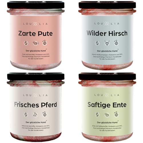 Lou und Lia Nassfutter für Hunde - 4 Sorten Starterpaket (32x 290g Gläser) - Hundefutter mit 100% frischem Fleisch, Getreidefrei & Monoprotein - Himbeere & OPC - Für alle Hunde von Lou und Lia