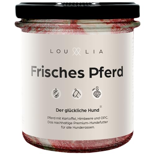 Lou und Lia Nassfutter für Hunde - Frisches Pferd - Hundefutter mit 100% frischem Fleisch, Getreidefrei & Monoprotein - Kartoffel, Himbeere, OPC - Für alle Hunde (4X 290g Gläser) (4 x 290 g) von Lou und Lia