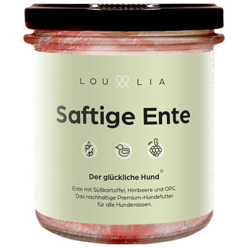 Lou und Lia Nassfutter für Hunde - Saftige Ente - Hundefutter mit 100% frischem Fleisch, Getreidefrei & Monoprotein - Süßkartoffel, Himbeere, OPC - Für alle Hunde (4X 290g Gläser) (4 x 290 g) von Lou und Lia