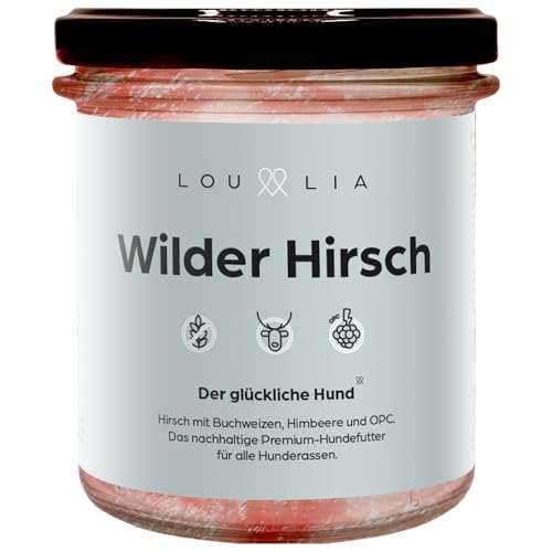 Lou und Lia Nassfutter für Hunde - Wilder Hirsch - Hundefutter mit 100% frischem Fleisch, Getreidefrei & Monoprotein - Buchweizen, Himbeere, OPC - Für alle Hunde (4X 290g Gläser) (4 x 290 g) von Lou und Lia