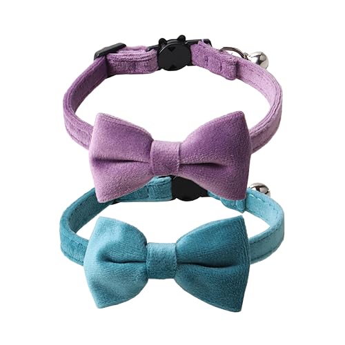 Love Dream Katzenhalsband, mit Fliege und Glöckchen, 2 Stück, Samt, für Mädchen, Jungen, Kätzchen, Sicherheitshalsbänder mit abnehmbarer Fliege für Katzen, Kätzchen, Blau und Lila von Love Dream