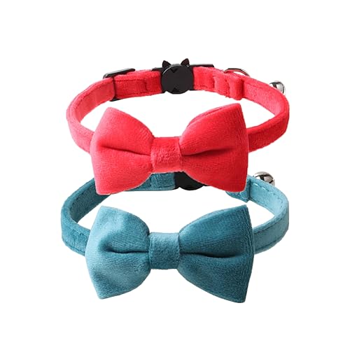 Love Dream Katzenhalsband, mit Fliege und Glöckchen, 2 Stück, Samt, für Mädchen, Jungen, Kätzchen, Sicherheitshalsbänder mit abnehmbarer Fliege für Katzen, Kätzchen, Blau und Rot von Love Dream