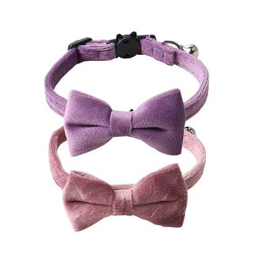 Love Dream Katzenhalsband, mit Fliege und Glöckchen, 2 Stück, Samt, für Mädchen, Jungen, Kätzchen, Sicherheitshalsbänder mit abnehmbarer Fliege für Katzen, Kätzchen, Rosa und Violett von Love Dream