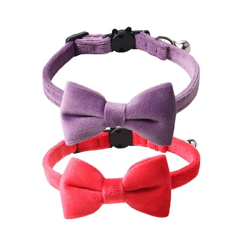 Love Dream Katzenhalsband, mit Fliege und Glöckchen, 2 Stück, Samt, für Mädchen, Jungen, Kätzchen, Sicherheitshalsbänder mit abnehmbarer Fliege für Katzen, Kätzchen, Rot und Violett von Love Dream