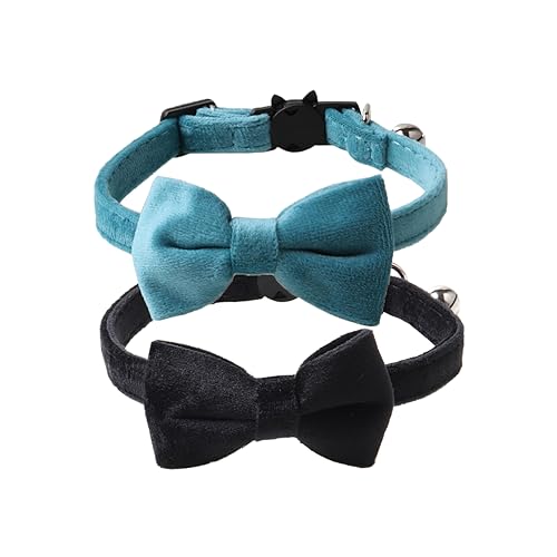 Love Dream Katzenhalsband, mit Fliege und Glöckchen, 2 Stück, Samt, für Mädchen, Jungen, Kätzchen, Sicherheitshalsbänder mit abnehmbarer Fliege für Katzen, Kätzchen, Schwarz und Blau von Love Dream