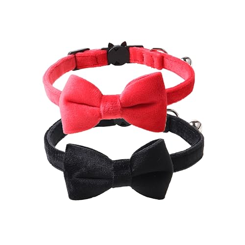 Love Dream Katzenhalsband, mit Fliege und Glöckchen, 2 Stück, Samt, für Mädchen, Jungen, Kätzchen, Sicherheitshalsbänder mit abnehmbarer Fliege für Katzen, Kätzchen, Schwarz und Rot von Love Dream