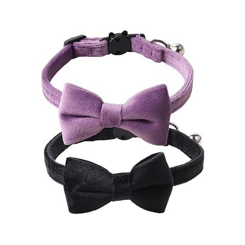 Love Dream Katzenhalsband, mit Fliege und Glöckchen, 2 Stück, Samt, für Mädchen, Jungen, Kätzchen, Sicherheitshalsbänder mit abnehmbarer Fliege für Katzen, Kätzchen, Schwarz und Violett von Love Dream