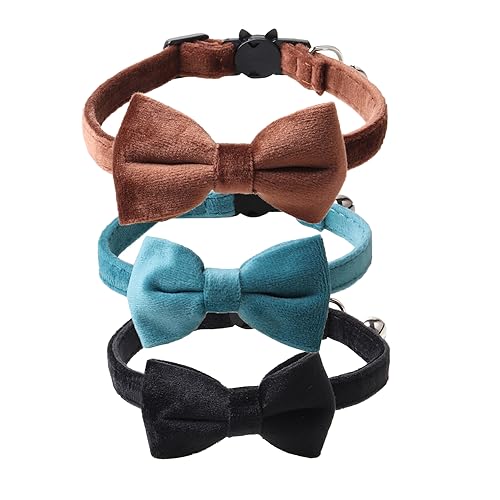 Love Dream Katzenhalsband, mit Fliege und Glöckchen, 3 Stück, Samt, für Mädchen, Jungen, Kätzchen, Sicherheitshalsbänder mit abnehmbarer Fliege für Katzen, Kätzchen, Schwarz & Blau & Braun von Love Dream