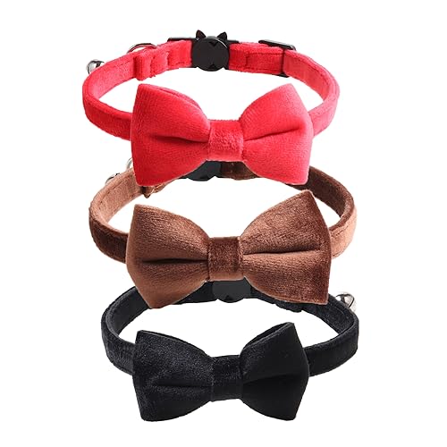 Love Dream Katzenhalsband, mit Fliege und Glöckchen, 3 Stück, Samt, für Mädchen, Jungen, Kätzchen, Sicherheitshalsbänder mit abnehmbarer Fliege für Katzen, Kätzchen, Schwarz & Braun & Rot von Love Dream