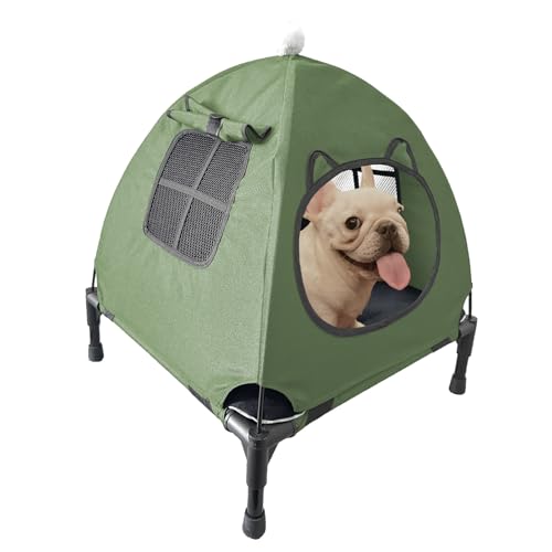 Love&go Erhöhtes Hundebett mit Metallrahmen, kühlendes erhöhtes Haustierbett für Hund und Katze (S – olivgrünes Bett + Matte + Baldachin, klein - 47 x 47 x 14 cm) von Love&go