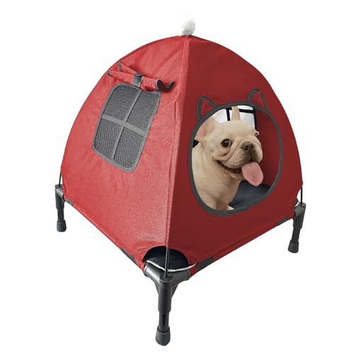 Love&go Erhöhtes Hundebett mit Metallrahmen, kühlendes erhöhtes Haustierbett für Hund und Katze (S – rotes Bett + Matte + Baldachin, klein - 47 x 47 x 14 cm) von Love&go