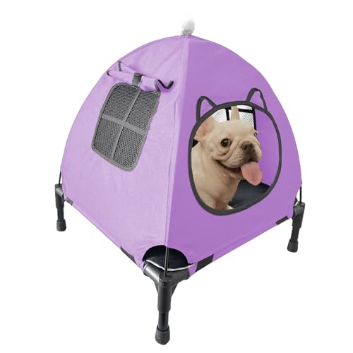 Love&go Erhöhtes Hundebett mit Metallrahmen, kühlendes erhöhtes Haustierbett für Hund und Katze (S – violettes Bett + Matte + Baldachin, klein - 47 x 47 x 14 cm) von Love&go