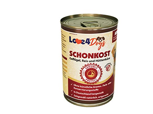 Love4Dog´s Nassfutter SCHONKOST für ausgewachsene Sensible Hunde | 6x400g | Geflügel mit Reis und Hüttenkäse | Hundenassfutter | Alleinfutter | ohne Zusatzstoffe von Love4Dogs