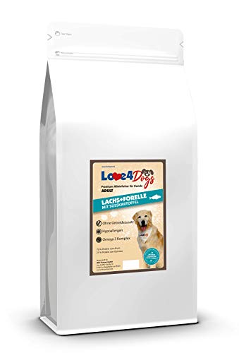 Love4Dogs Adult Trockenfutter 12 Kg | Lachs+Forelle mit Süßkartoffel und Spargel | ohne Zusatzstoffe | Premium Alleinfutter für adulte Hunde von Love4Dogs