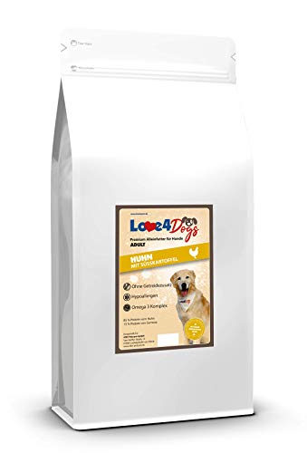 Love4Dogs Adult Trockenfutter 2 Kg | Huhn mit Süßkartoffel und Kräutern | ohne Zusatzstoffe | Premium Alleinfutter für Adulte Hunde von Love4Dogs