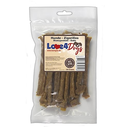 Love4Dogs Hunde - Zigarillos 100g (Monoprotein 97% Fleischanteil) auch für Allergische Hunde geeignet (Ente) von Love4Dogs