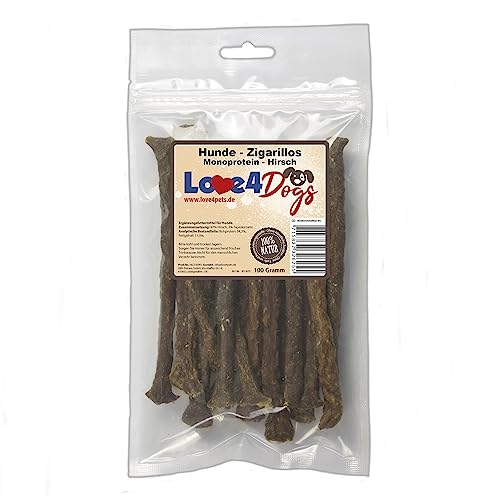 Love4Dogs Hunde - Zigarillos 100g (Monoprotein 97% Fleischanteil) auch für Allergische Hunde geeignet (Hirsch) von Love4Dogs