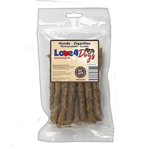 Love4Dogs Hunde - Zigarillos 100g (Monoprotein 97% Fleischanteil) auch für Allergische Hunde geeignet (Lamm) von Love4Dogs