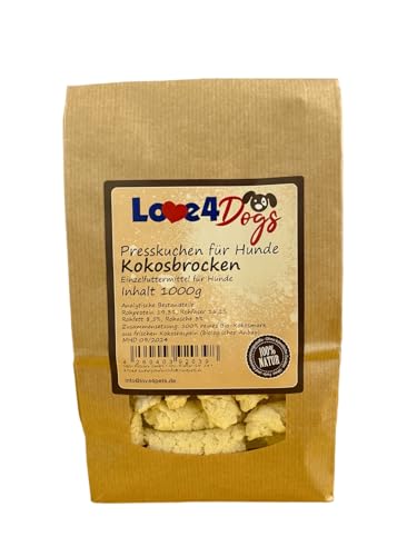 Love4Dogs Kokos-Brocken 1000g für Hunde, 1kg Preßkuchen, vegetarischer Pflege-Snack von Love4Dogs