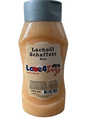 Love4Dogs Schaffett/Lachsöl Duo 500ml Quetschflasche Haut/Fell/Magen-Darm von Love4Dogs