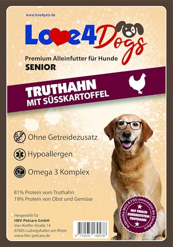 Love4Dogs Trockenfutter Adult 12 Kg für ältere Hunde | Truthahn mit Süßkartoffel und Preiselbeere | ohne Zusatzstoffe | Premium Alleinfutter für Erwachsene Hunde von Love4Dogs