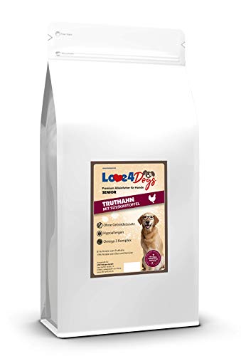 Love4Dogs Trockenfutter Adult 12 Kg für ältere Hunde | Truthahn mit Süßkartoffel und Preiselbeere | ohne Zusatzstoffe | Premium Alleinfutter für Erwachsene Hunde von Love4Dogs