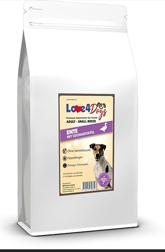 Love4Dogs Trockenfutter für kleine Rassen 2 Kg | Ente mit Süßkartoffel | ohne Zusatzstoffe | Premium Alleinfutter für adulte Hunde Small Breed von Love4Dogs