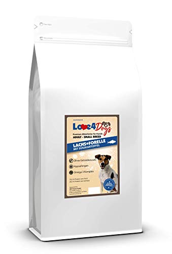 Love4Dogs Trockenfutter für kleine Rassen 2 Kg | Lachs+Forelle mit Süßkartoffel und Spargel | ohne Zusatzstoffe | Premium Alleinfutter für adulte Hunde Small Breed von Love4Dogs