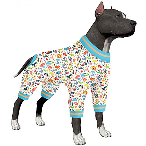 LovinPet Hunde-Einteiler für große Hunde – Unterhemd für große Hunde, leichter, dehnbarer Flanellstoff, weißer Alphabet-Druck, große Hunde, Jammies, UV-Schutz, leicht zu tragender Hunde-Jumpsuit, von LovinPet