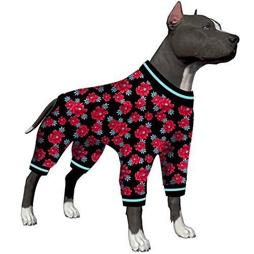 Schlafanzug für große Hunde – große Hunde-Marmeladen, Blumenmuster, Marineblau und Rubin-Druck, leichter Pullover, Haustier-Pyjama, vollständige Abdeckung, Größe L von LovinPet