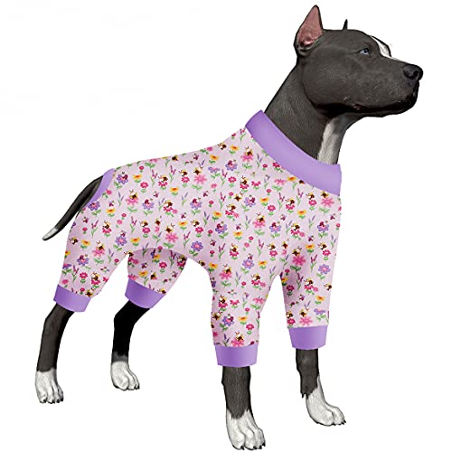 Hundekleidung für Mädchen, groß, beruhigendes Shirt für Hunde, leicht, Anti-Leck-Hunde-Pyjama, rosa Bienen und Blumen, rosa Druck, 4 Beine, große Hundekleidung für Partys, Camping, Reisen, Größe M von LovinPet