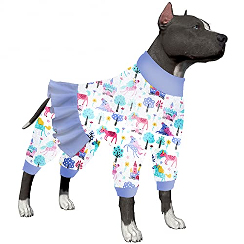 LovinPet 3XL Hunde-Schlafanzug – hoher Kragen, Baumwolle, UV-Schutz, nach Operationen, leicht, dehnbarer Stoff, Märchen-Druck, großer Hunde-Pyjama für Hundekleider, Lila, 3XL von LovinPet